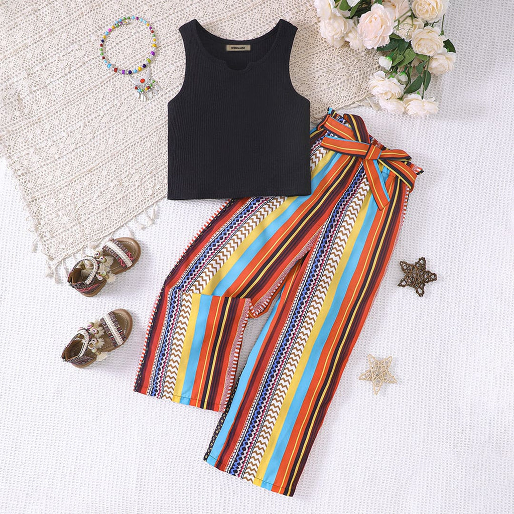Girls Knitted Top With Printed Wide Leg Pants Set