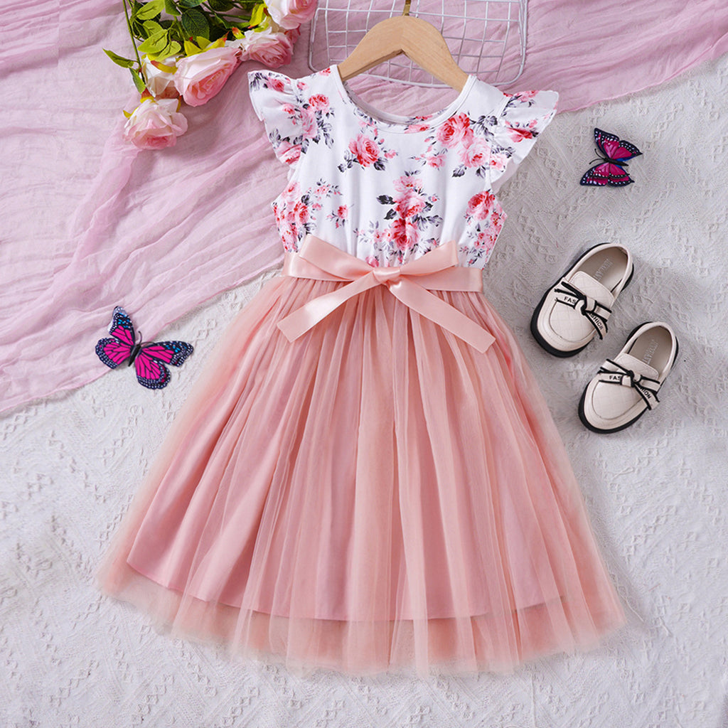 Girls Pink Floral Print Flared Sleeves Fit & Flare Dress
