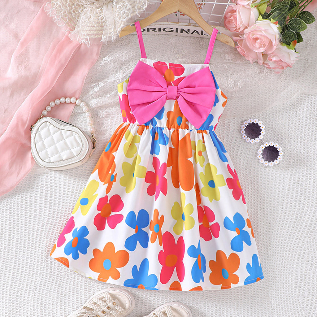 Girls Floral Print Bow Applique Sleeveless Fit & Flare Dress