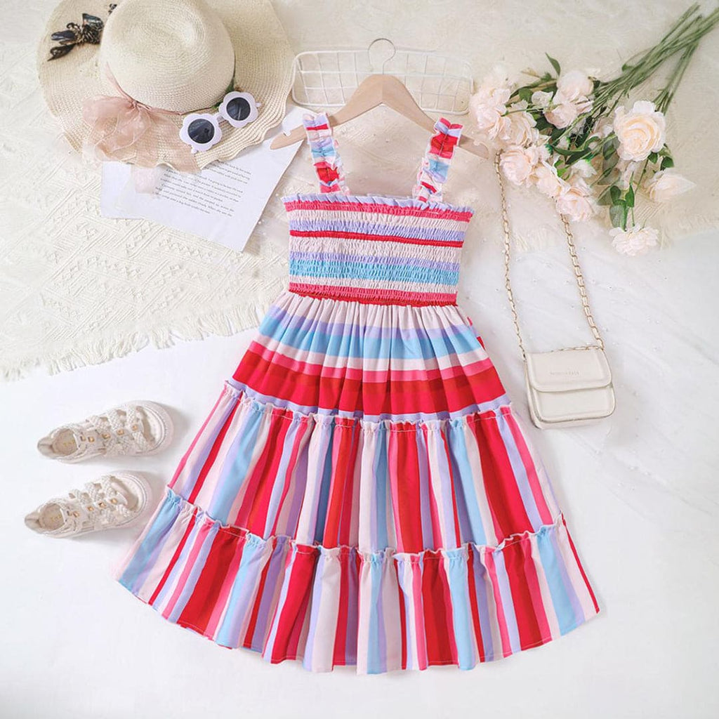 Girls Striped Smocked Tired Dress Casual Dresses Multicolor 5-6 Y 