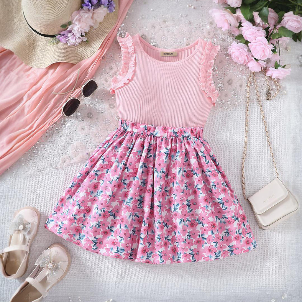 Girls Pink Knitted Top With Floral Print Skirt Set