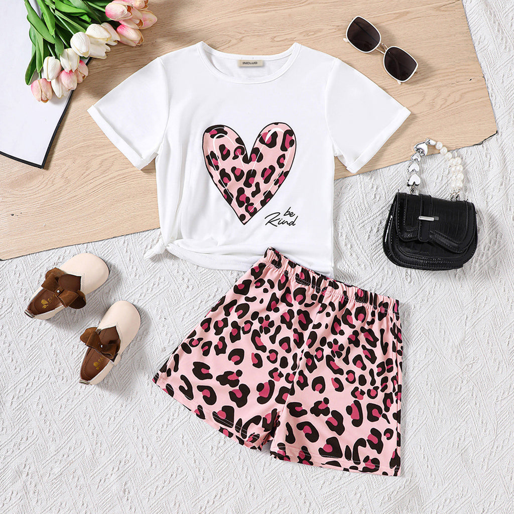 Girls Pink Leopard Print Short Sleeves T-Shirt With Shorts Set