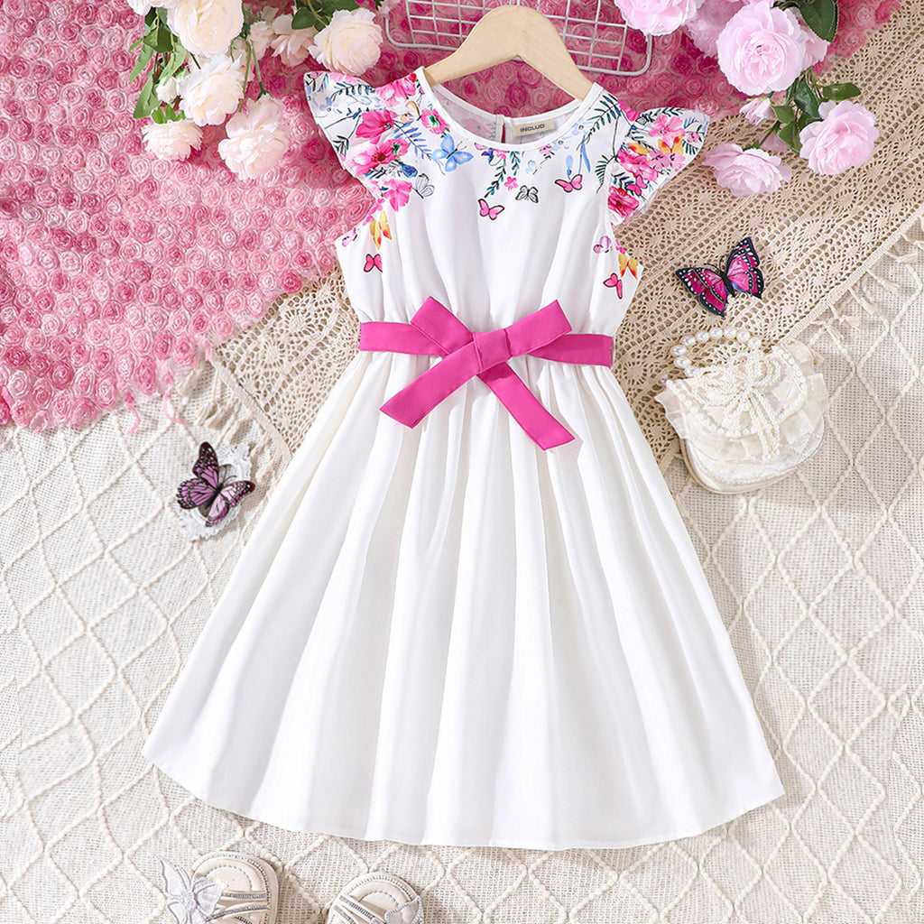 Girls White Floral Print Fit & Flare Casual Dress