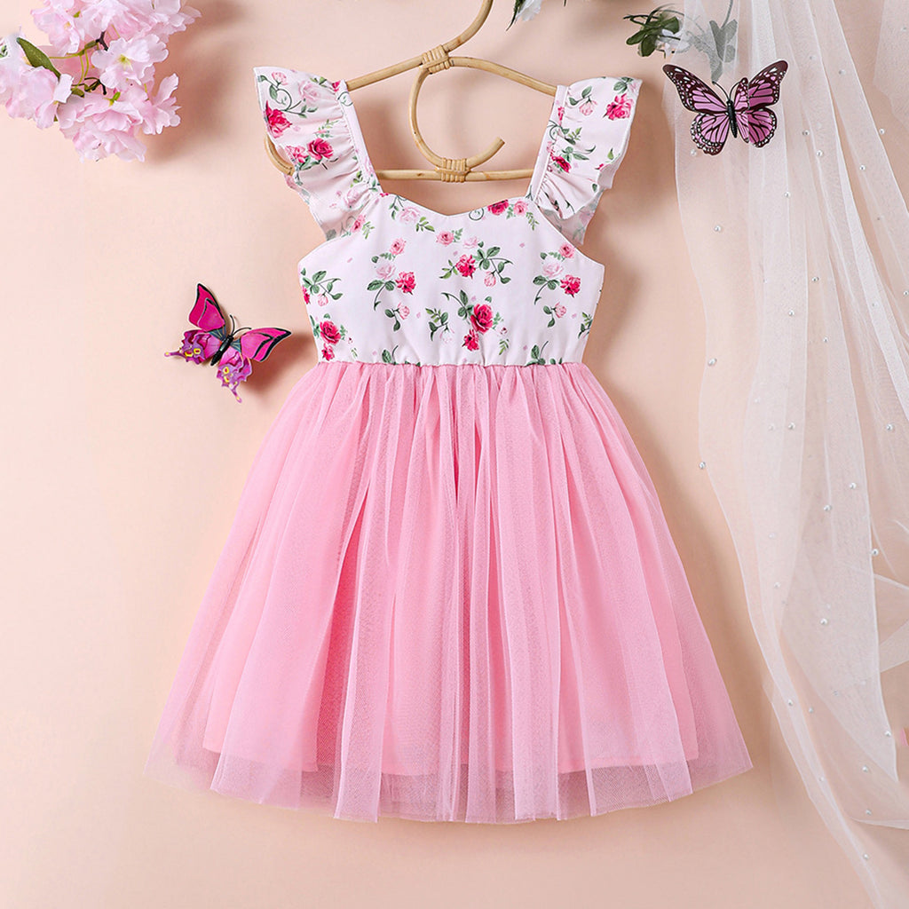 Girls Light Pink Floral Print Short Sleeves Fit & Flare Dress