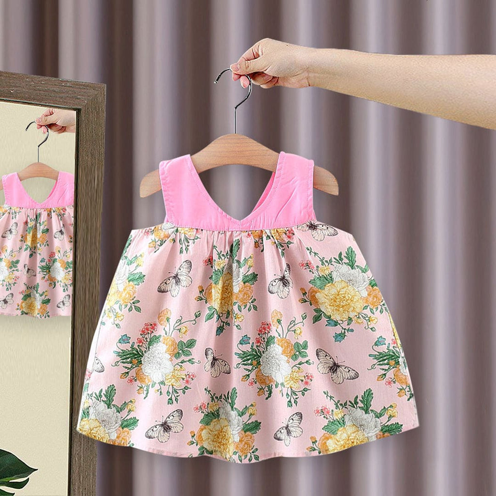 Girls Pink Sleeveless Butterfly Printed Dress With Bow Casual Dresses Pink 1-2 Y 