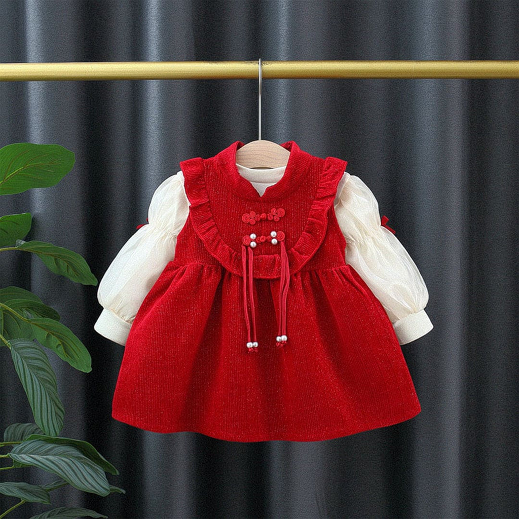 Girls Sleeveless Velvet Dress With Long Sleeve T-Shirt Casual Dresses Red 1-2 Y 