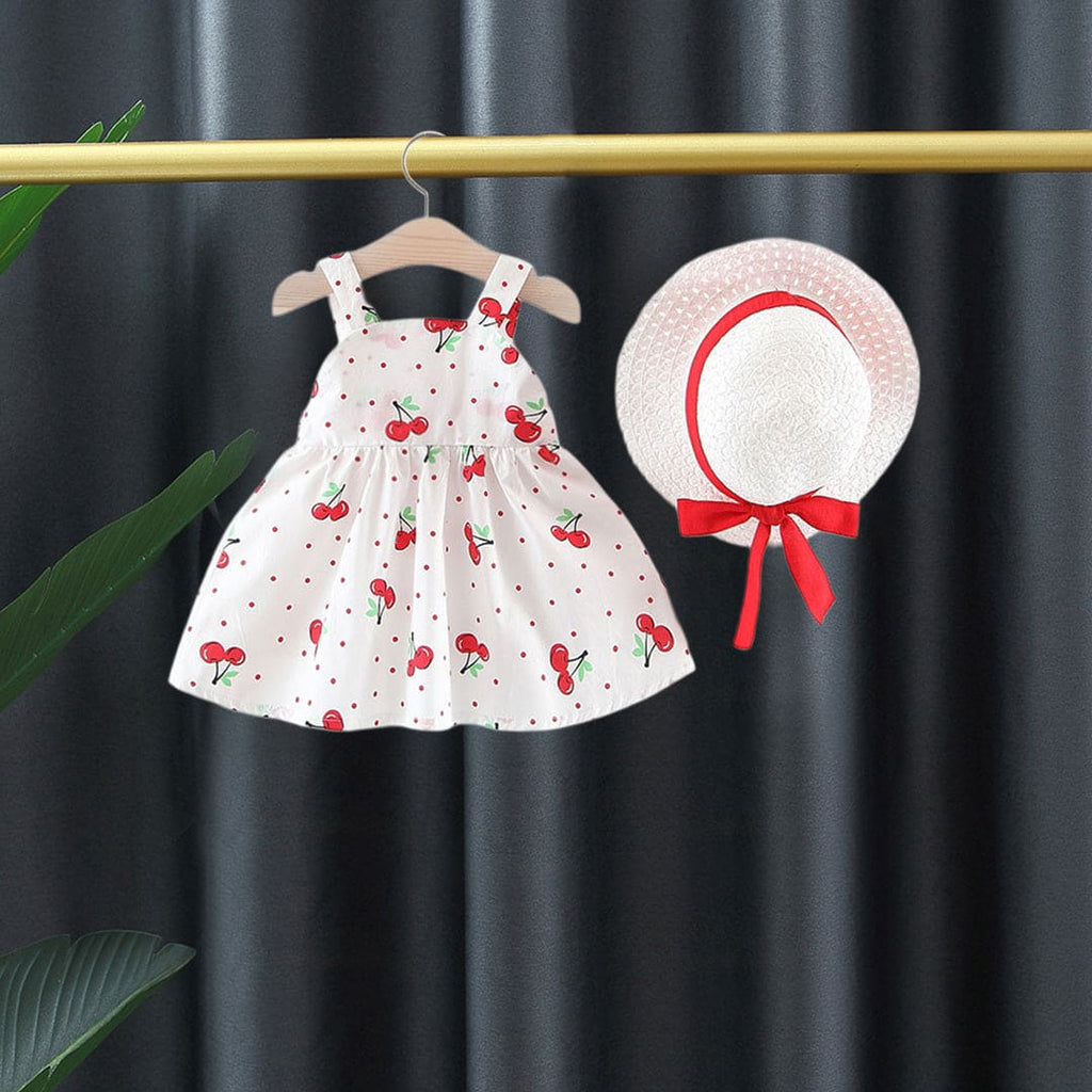 Girls Sleeveless Cherry Print Red Dress With Bow & Hat Casual Dresses Red 1-2 Y 