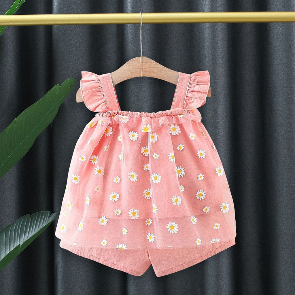 Girls Pink Sleeveless Flower Print Top With Shorts Set Sets Pink 1-2 Y 