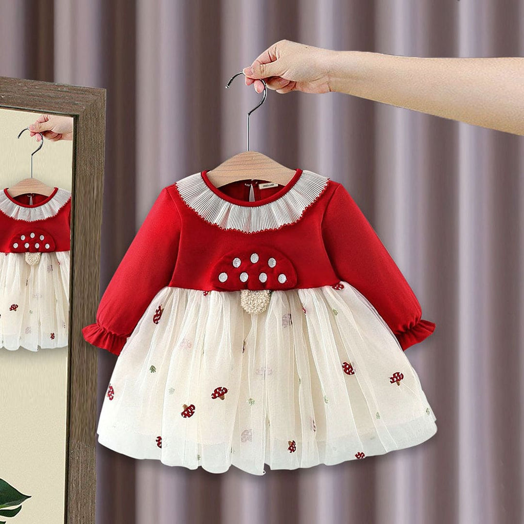 Girls Mushroom Embroidery Fit & Flare Dress Casual Dresses Red 1-2 Y 