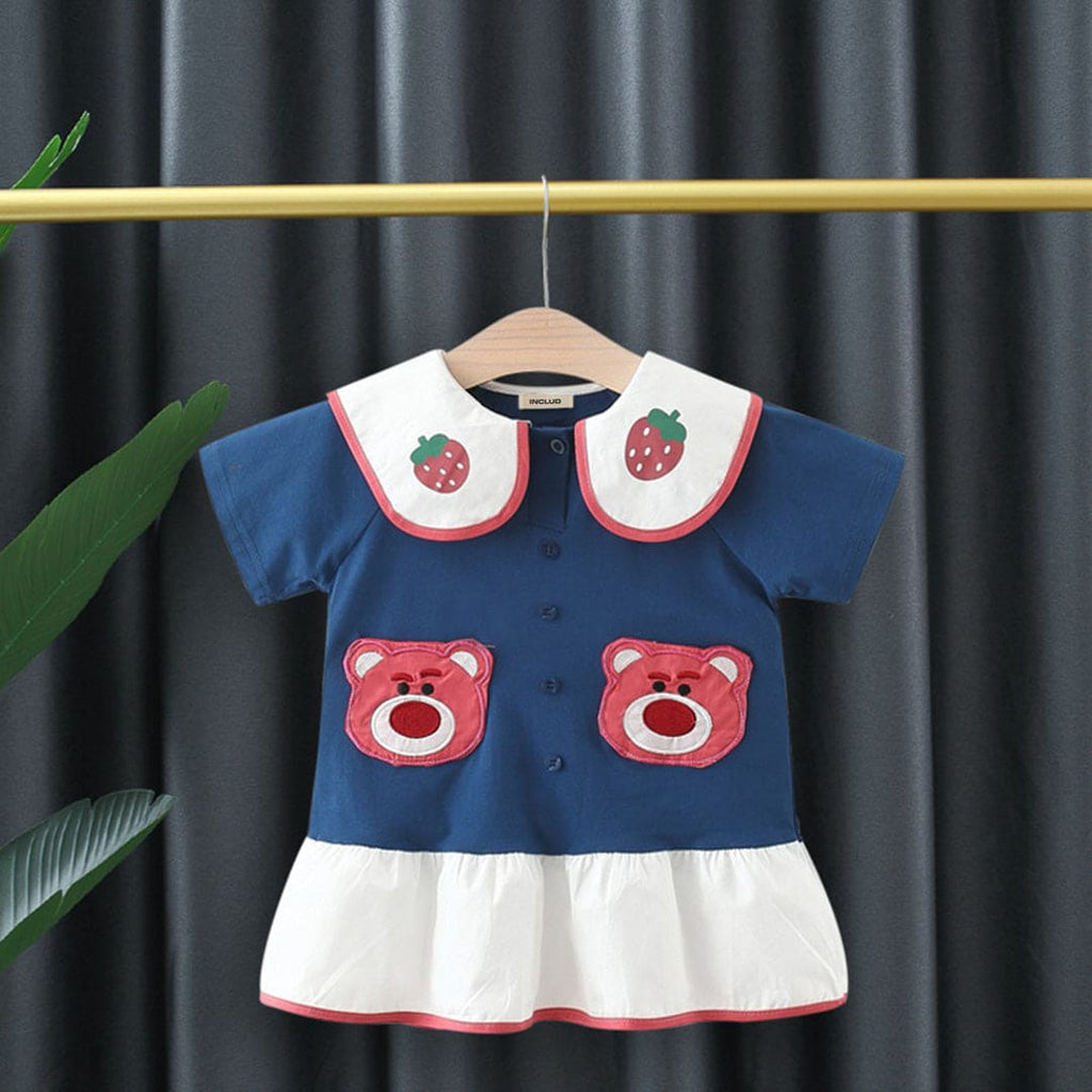 Girls Short Sleeve Bear Applique Dress Casual Dresses Navy 1-2 Y 