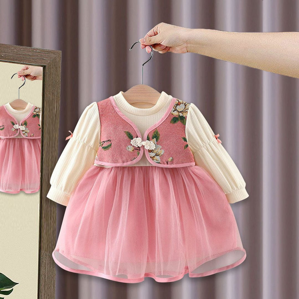 Girls Pink Long Sleeve Fit & Flare Dress With Attached Jacket Casual Dresses Pink 1-2 Y 