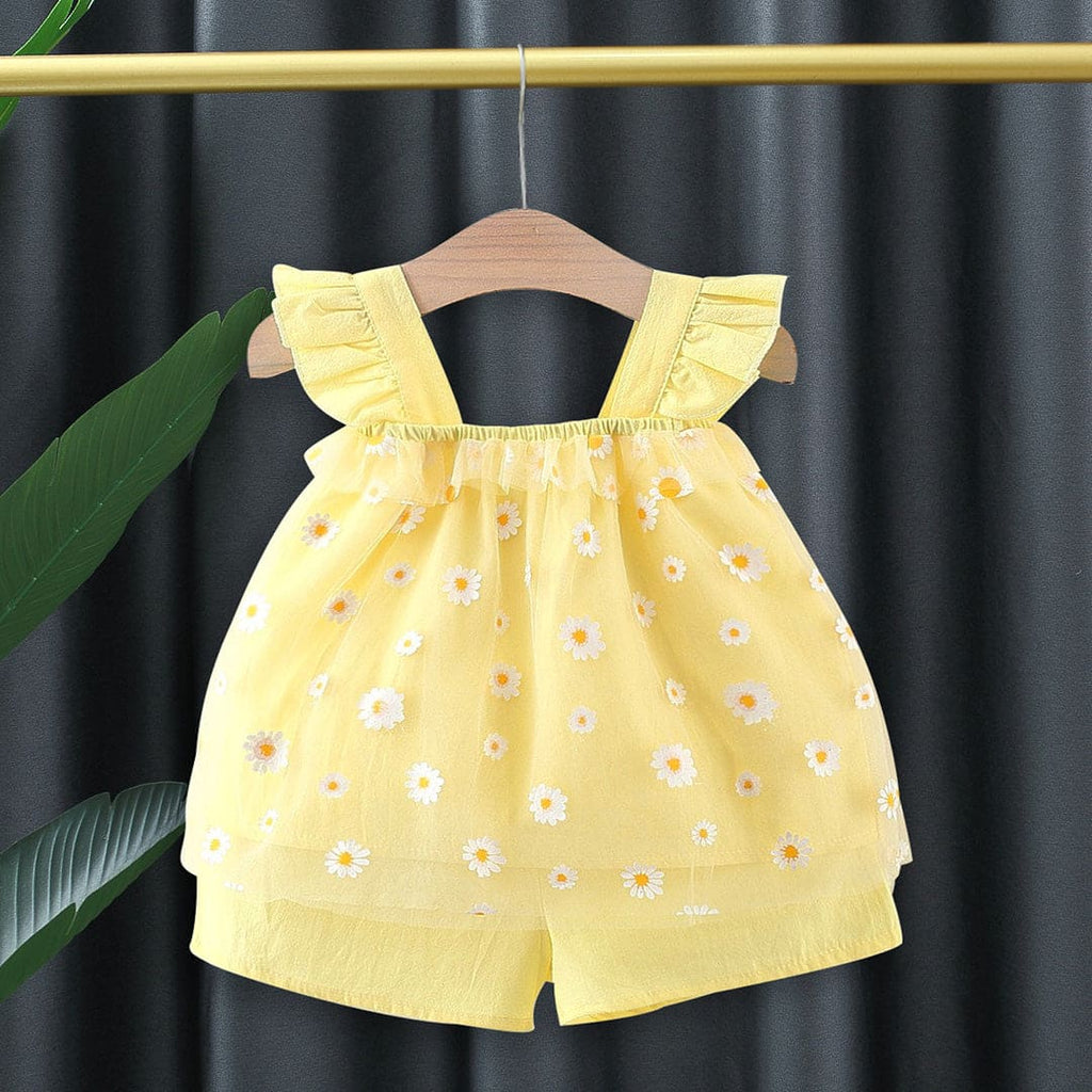 Girls Yellow Sleeveless Flower Print Top With Shorts Set Sets Yellow 1-2 Y 