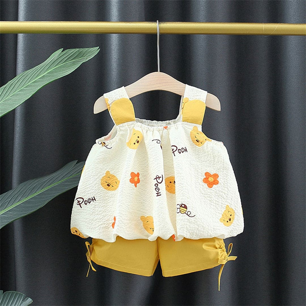 Girls Sleeveless Yellow Printed Balloon Shape Top With Shorts Set Sets Yellow 1-2 Y 