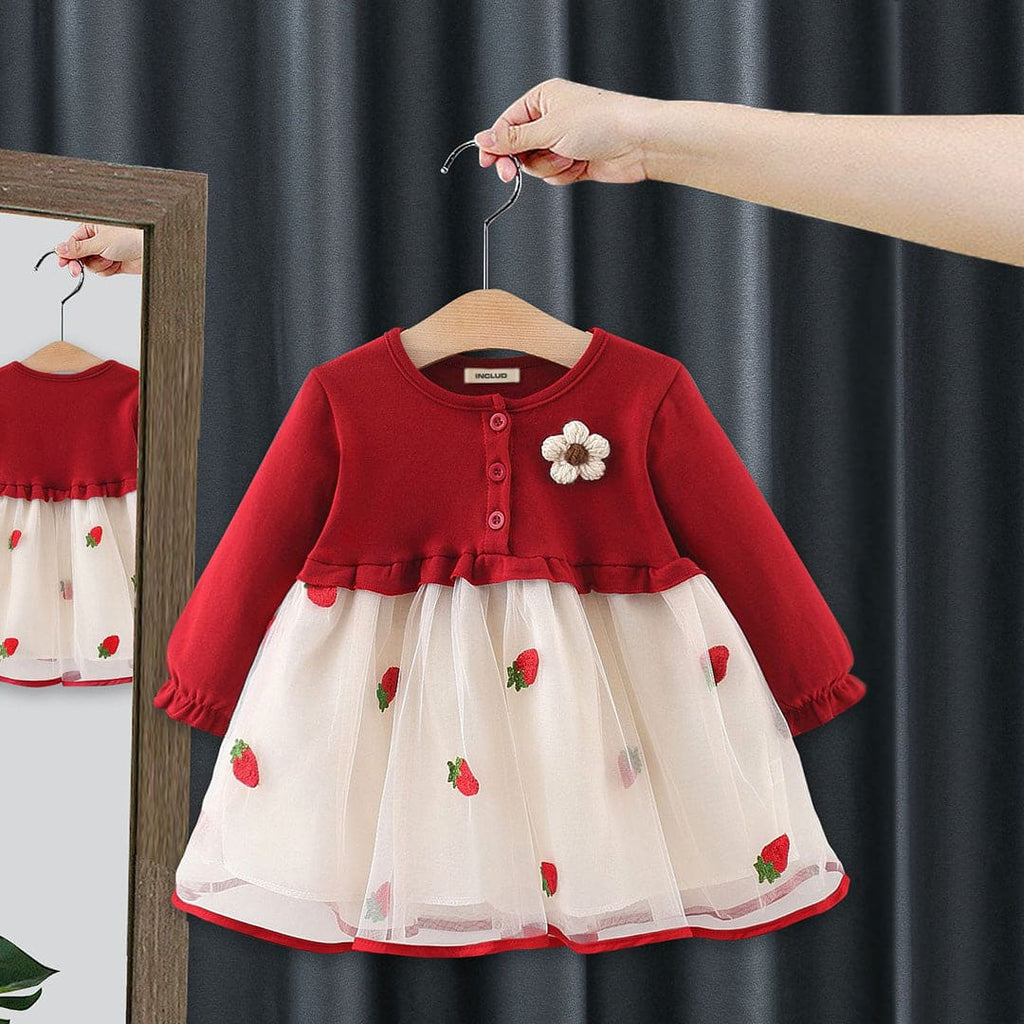 Girls Red Long Sleeve Strawberry Embroidery Fit & Flare Dress Casual Dresses Red 1-2 Y 