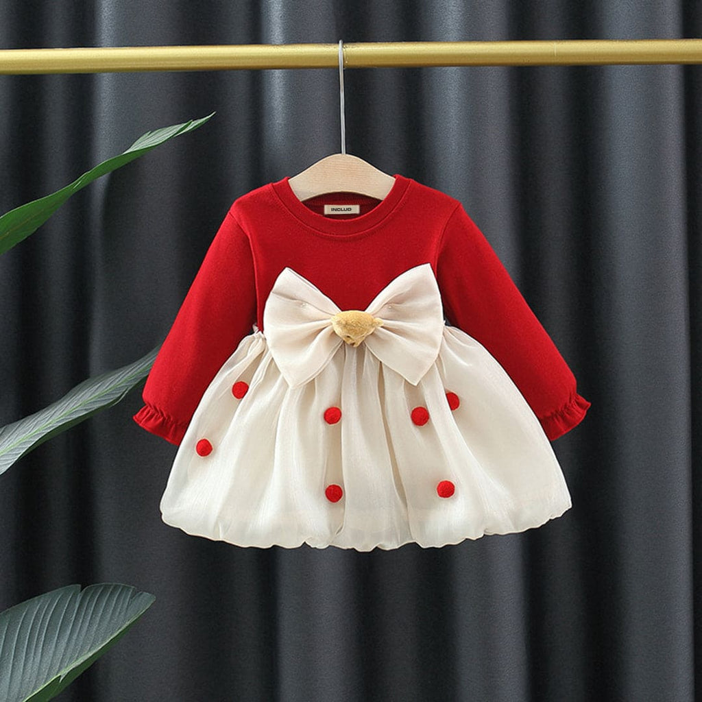 Girls Long Sleeve Pom Pom Dress With Toy Bow Casual Dresses Red 1-2 Y 