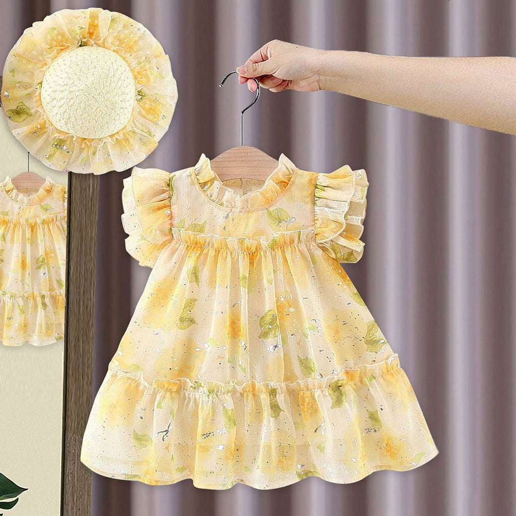 Girls Short Sleeve Yellow Floral Printed Tutu Dress Casual Dresses Yellow 1-2 Y 