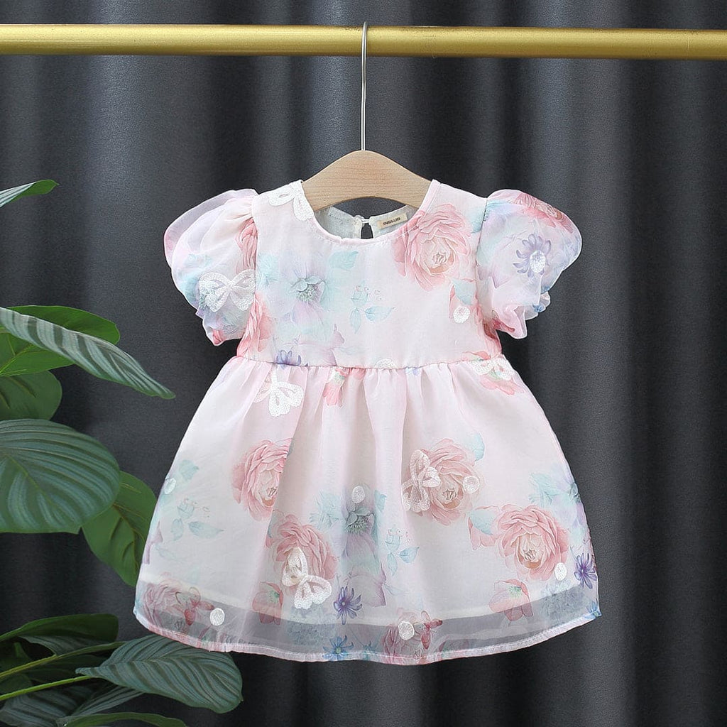 Girls Puff Sleeve Floral Print Pink Dress With Back Butterfly Casual Dresses Pink 1-2 Y 