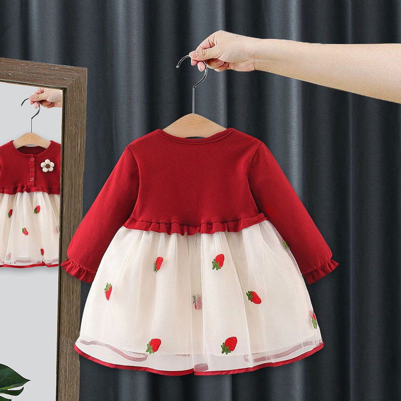 Girls Red Long Sleeve Strawberry Embroidery Fit & Flare Dress Casual Dresses   