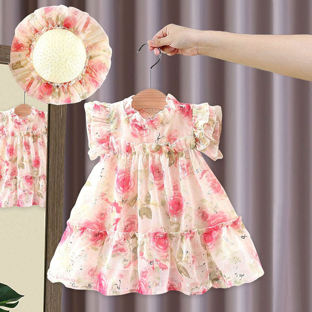 Girls Short Sleeve Pink Floral Printed Tutu Dress Casual Dresses Pink 1-2 Y 