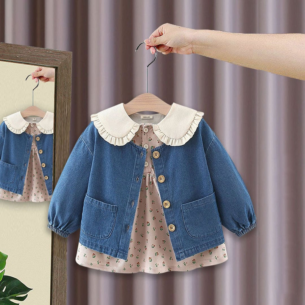 Girls Printed Peter Pan Collar Pink Dress With Denim Jacket Casual Dresses Pink 1-2 Y 