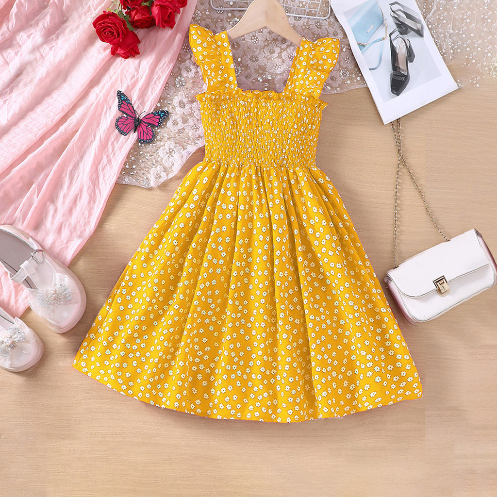 Girls Yellow Floral Print Fit & Flare Smocked Casual Dress
