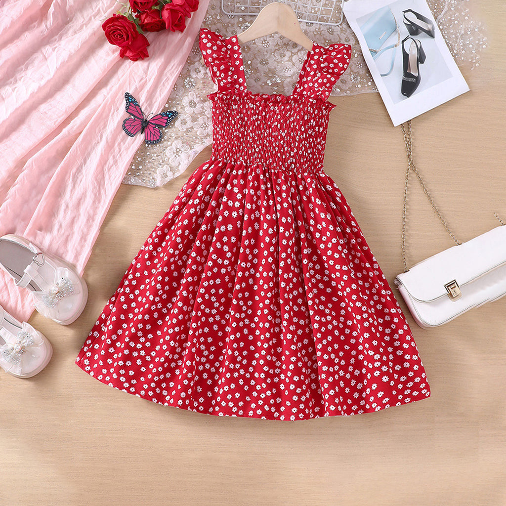 Girls Red Floral Print Fit & Flare Smocked Casual Dress
