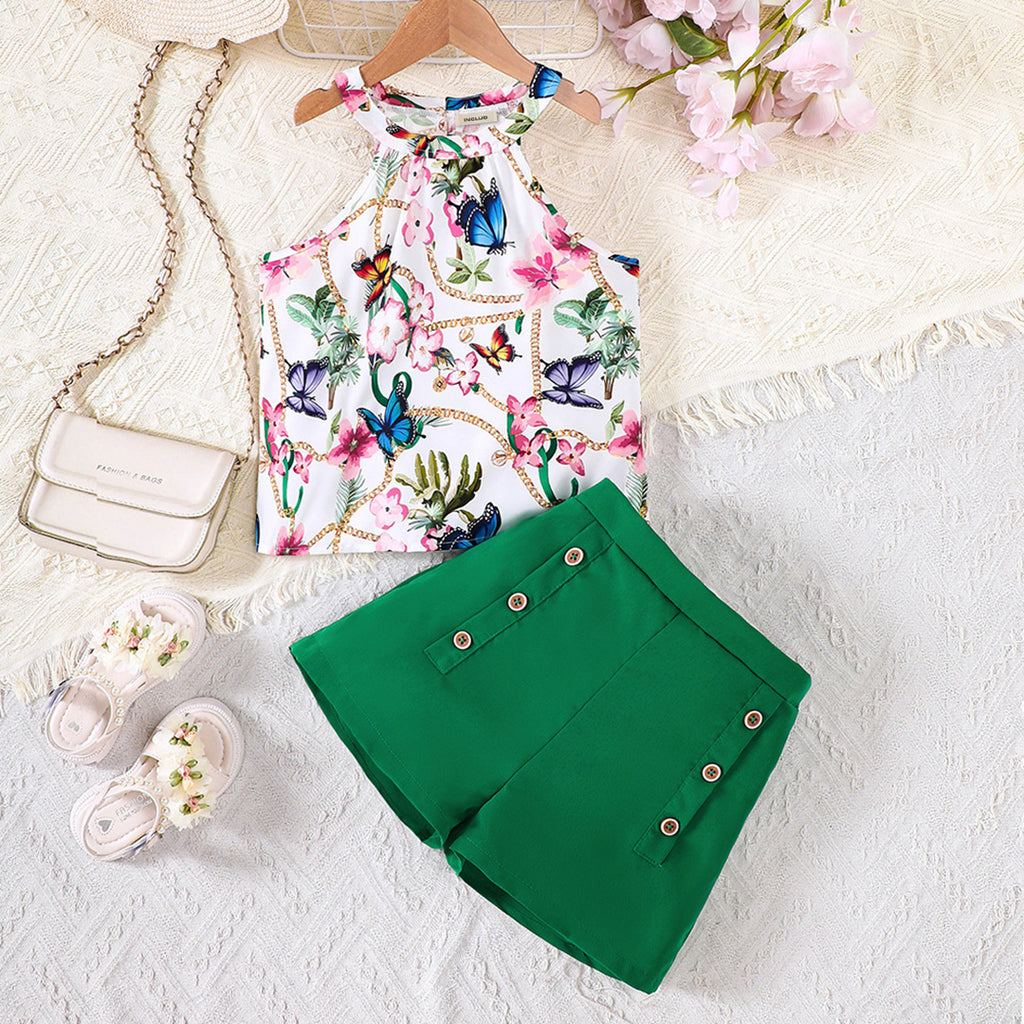 Girls Green Printed Halter Top with High-Waisted Shorts Set
