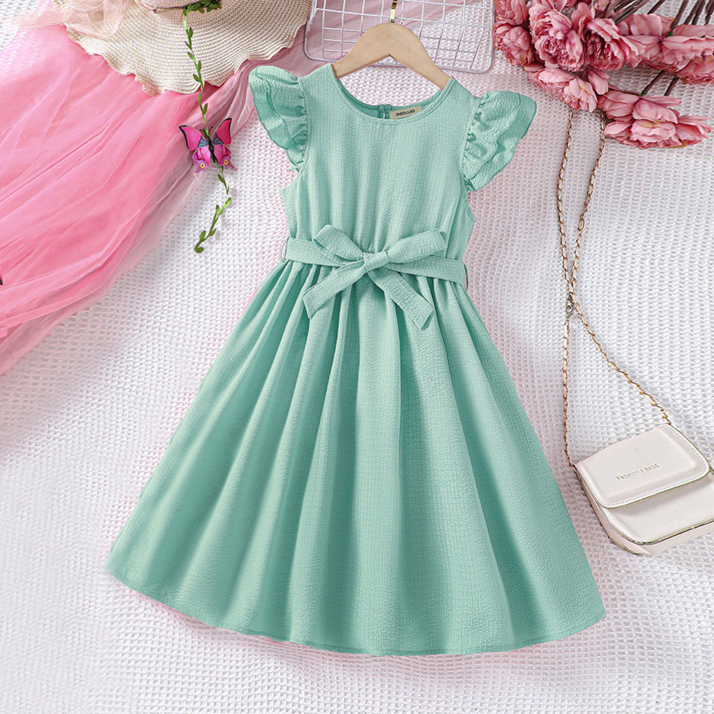 Girls Green Texture Flared Sleeves Fit & Flare Dress
