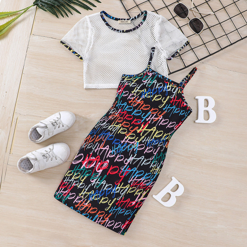 Girls Printed Bodycon Dress With Sheer Top