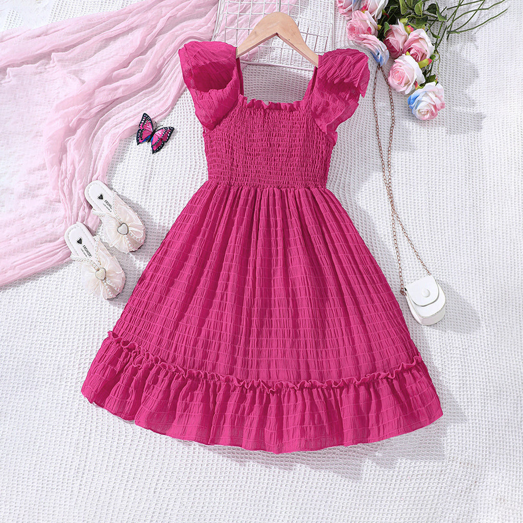 Girls Fuchsia Smocked Fit & Flare Casual Dress