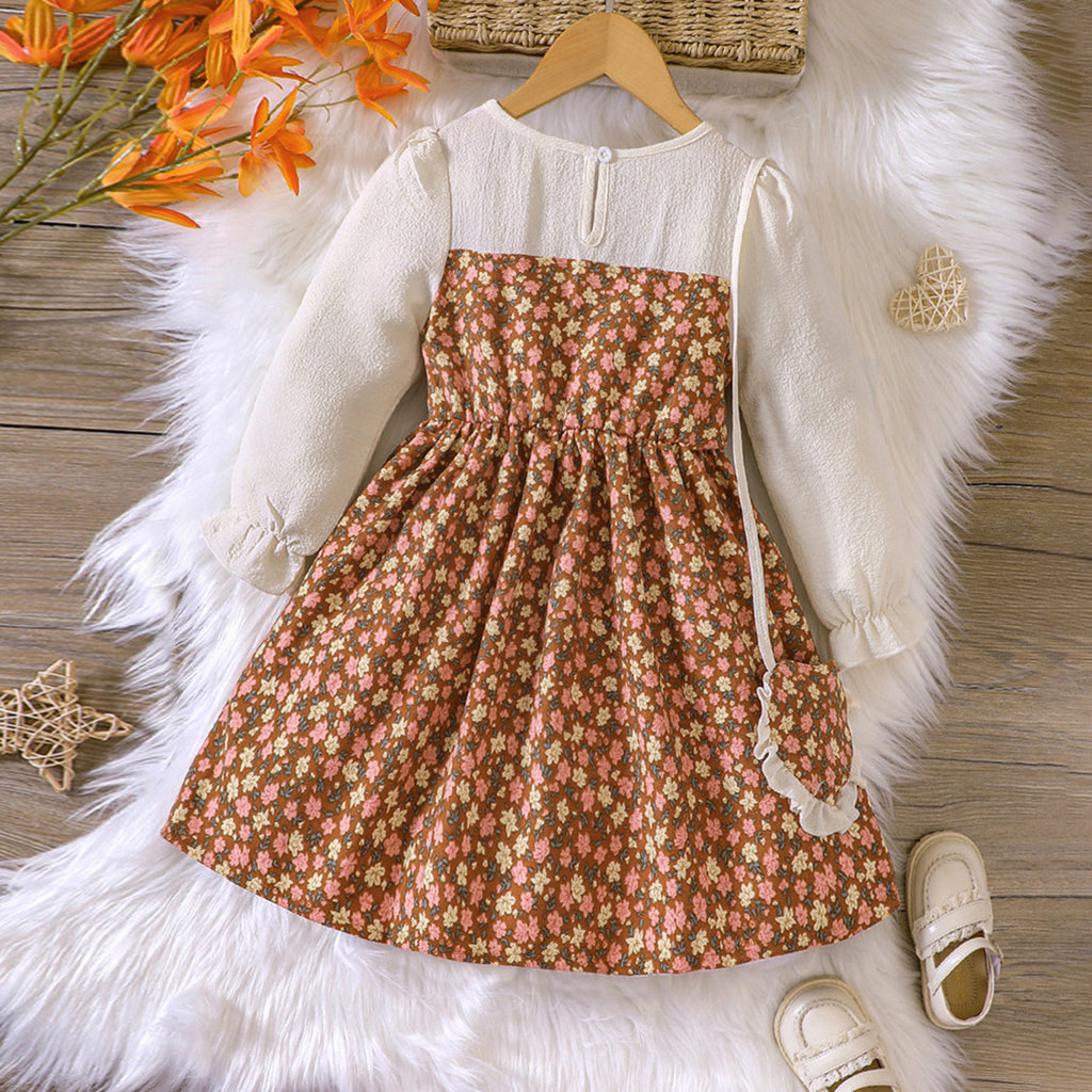 Girls Brown Floral Print Long Sleeves Fit & Flare Dress