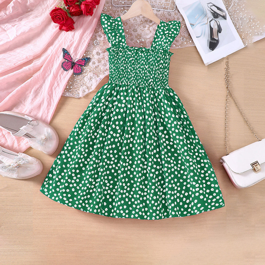 Girls Green Floral Print Fit & Flare Smocked Casual Dress