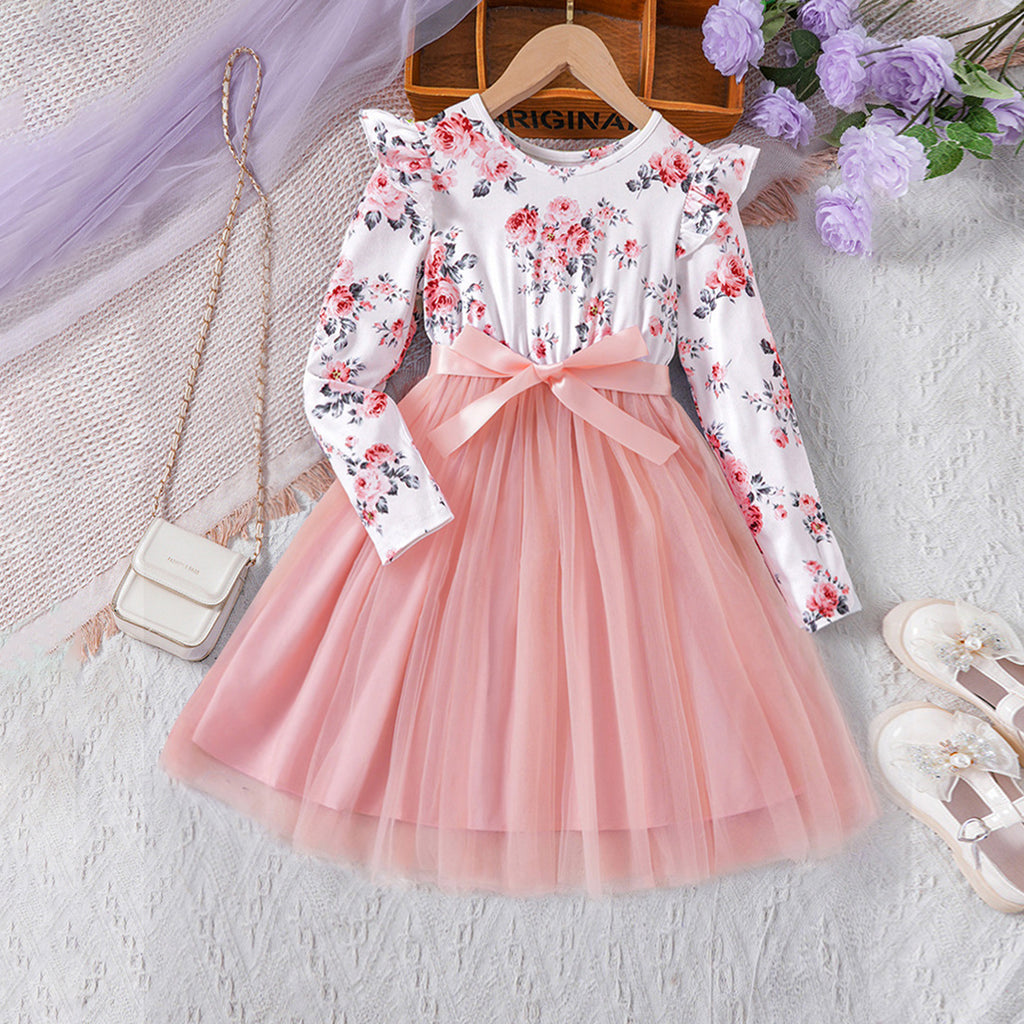 Girls Pink Floral Print Full Sleeves Fit & Flare Dress