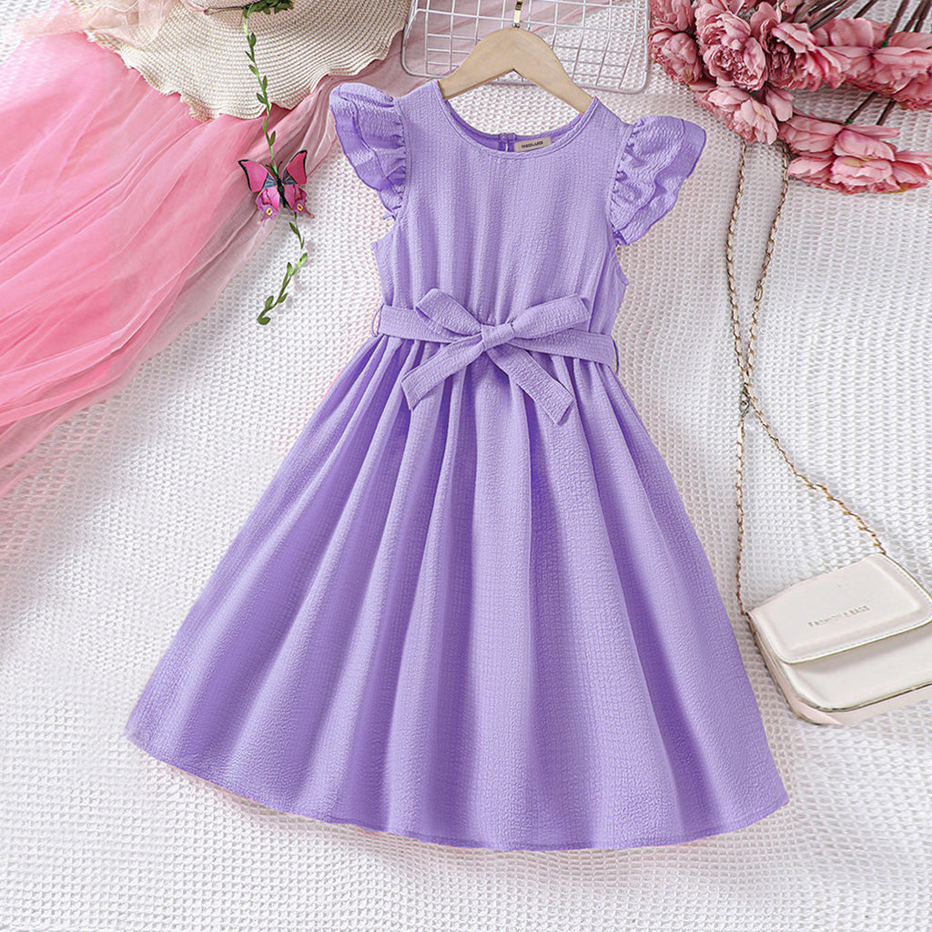 Girls Purple Texture Flared Sleeves Fit & Flare Dress