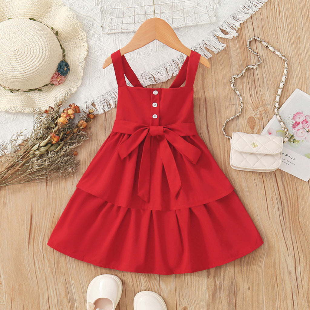 Girls Red Sleeveless Belted Fit & Flare Dress