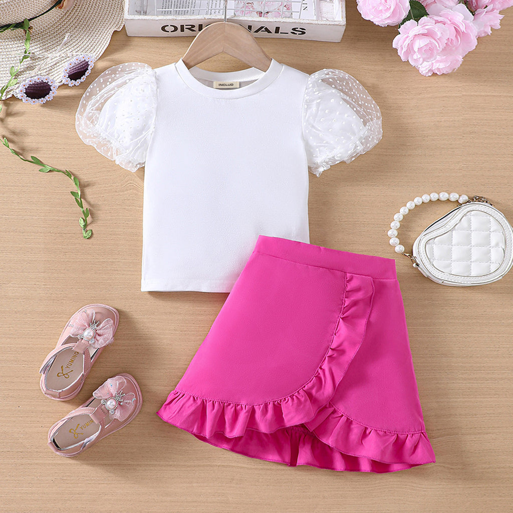 Girls White Puff Sleeves Top With Overlap Skirt Set