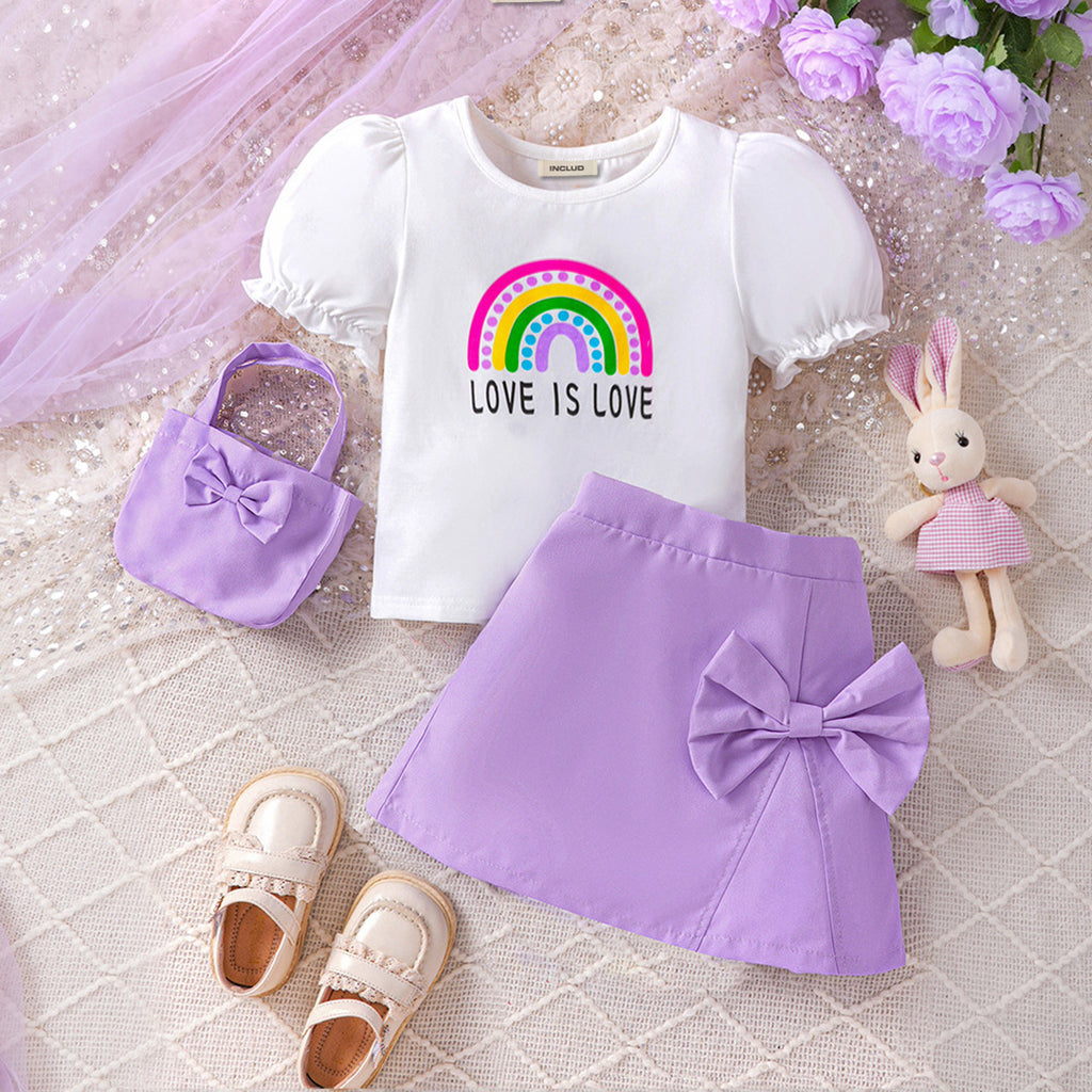 Girls Purple Rainbow Print Puff Sleeves T-Shirt With Skirt Set