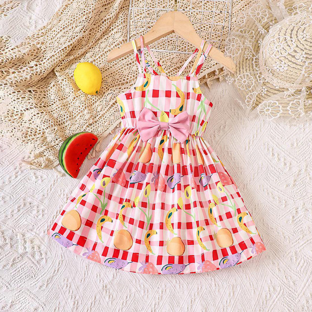 Girls Bow Applique Fruits Print Fit & Flare Dress