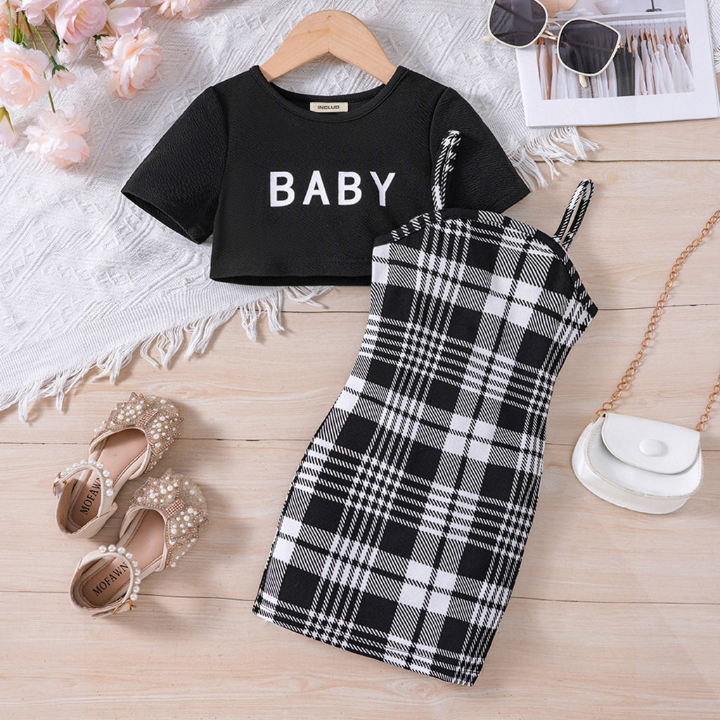 Girls Black Checkered Print Bodycon Dress With Crop Top