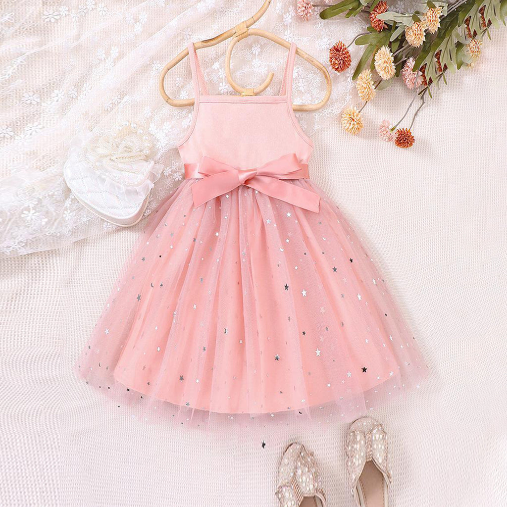 Girls Pink Sleeveless Star Foil Print Fit & Flare Dress