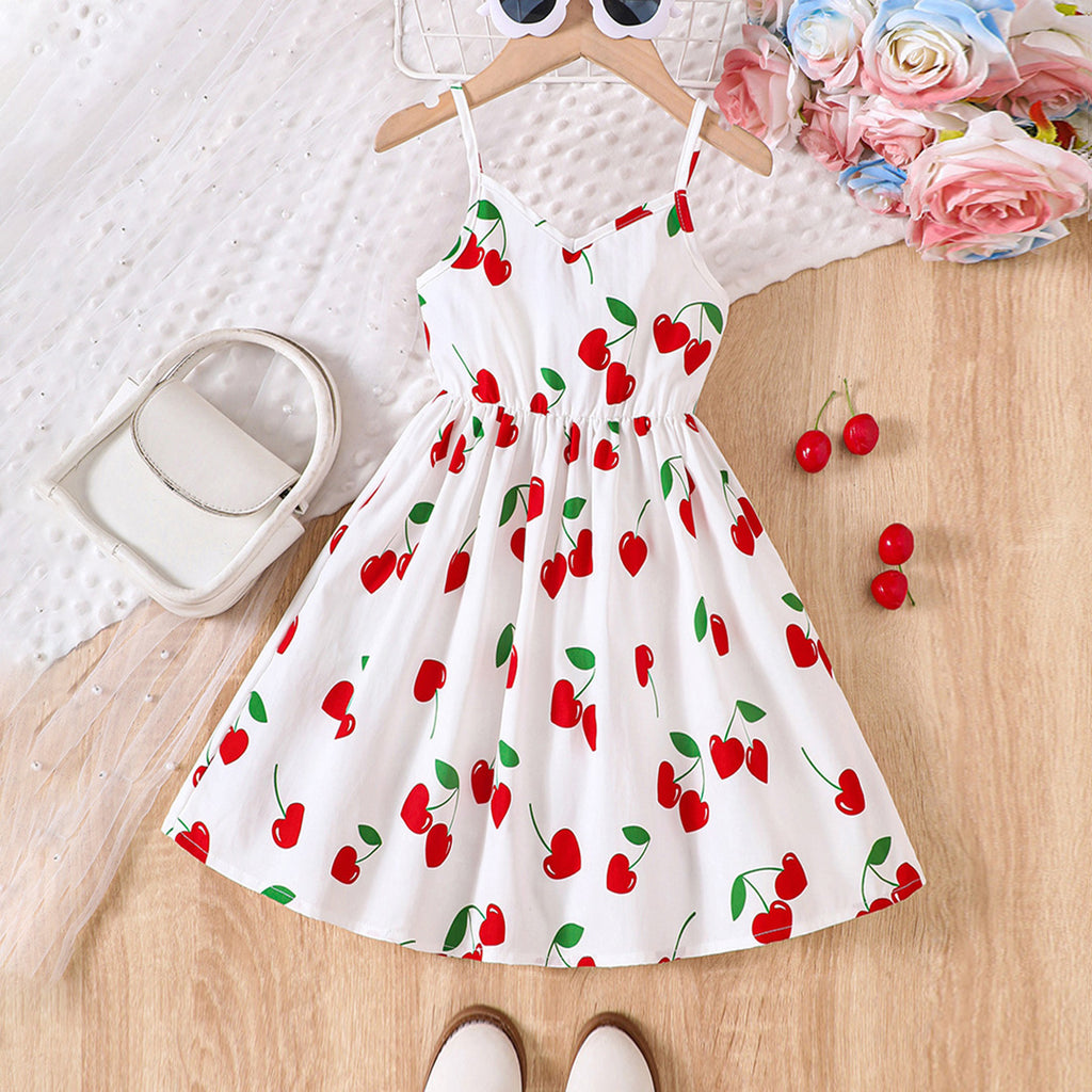 Girls Cherry Printed Fit & Flare Casual Dress