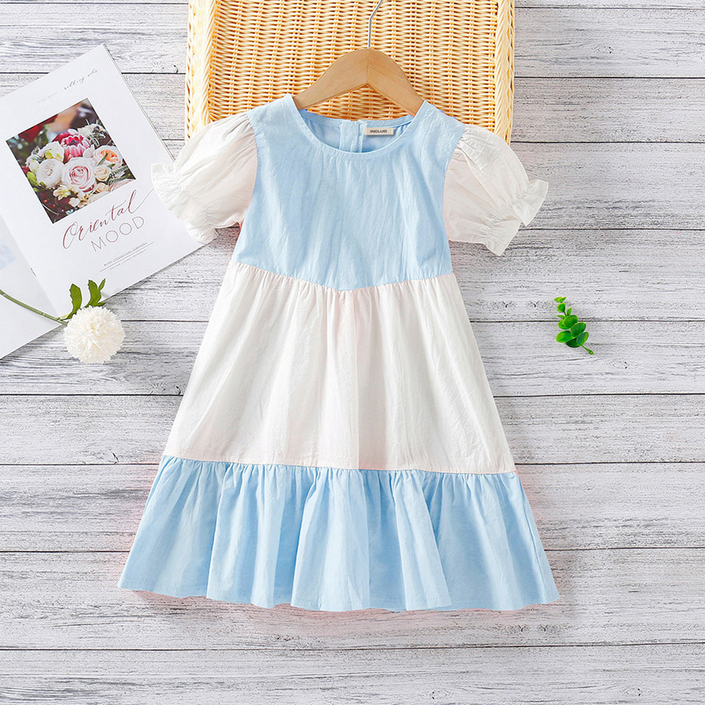 Girls Color-blocked Puff Sleeves A-line Dress