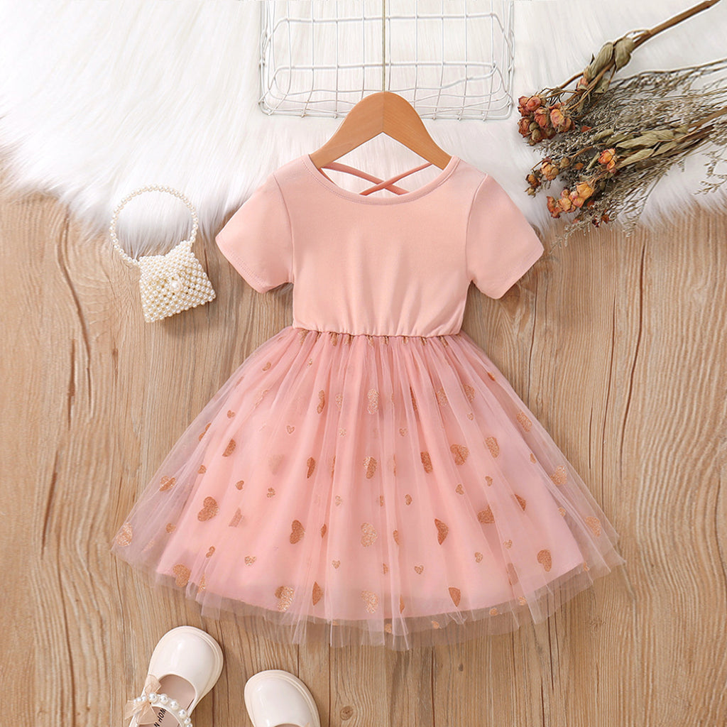 Girls Pink Foil Print Short Sleeves Fit & Flare Dress
