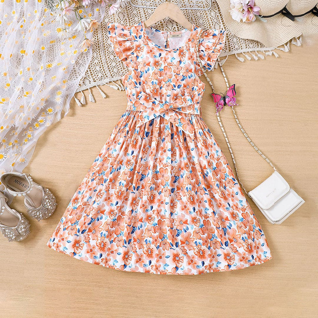 Girls Orange Floral Print Fit & Flare Casual Dress