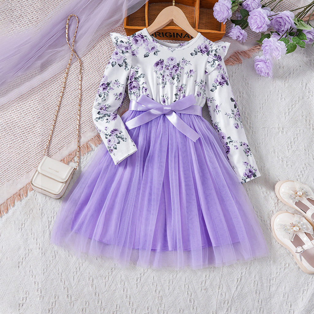 Girls Purple Floral Print Long Sleeves Fit & Flare Dress
