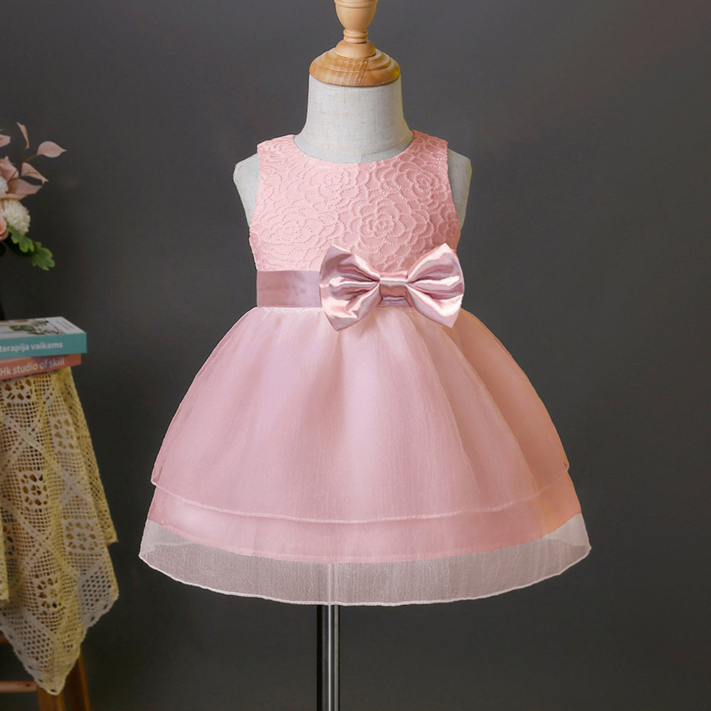 Girls Pink Sleeveless Embroidered Dress With Bow