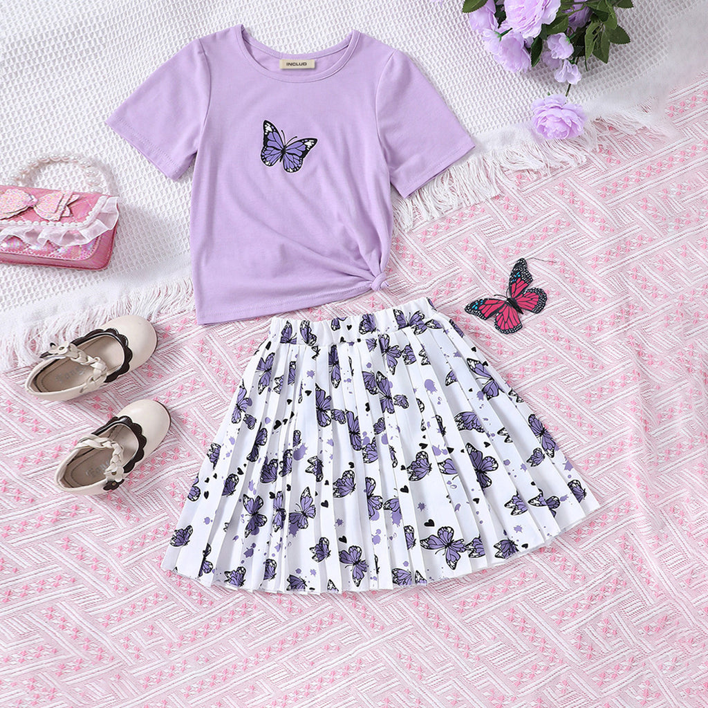 Girls Butterfly Printed T-shirt with Pleated Skirt Set