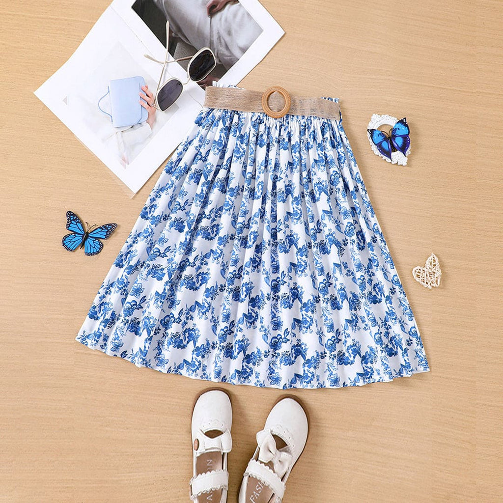 Girls Blue Floral Print Gathered A-line Skirt