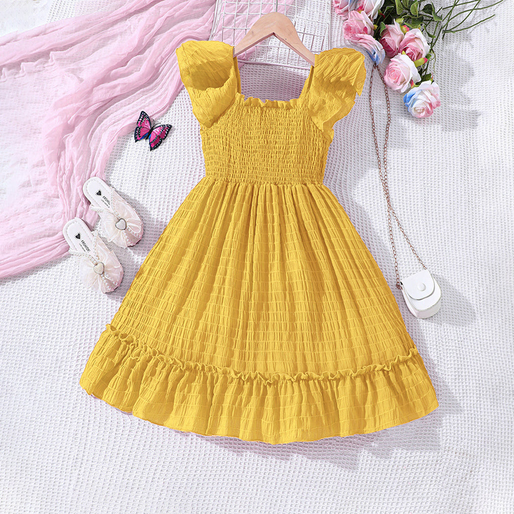 Girls Yellow Smocked Fit & Flare Casual Dress