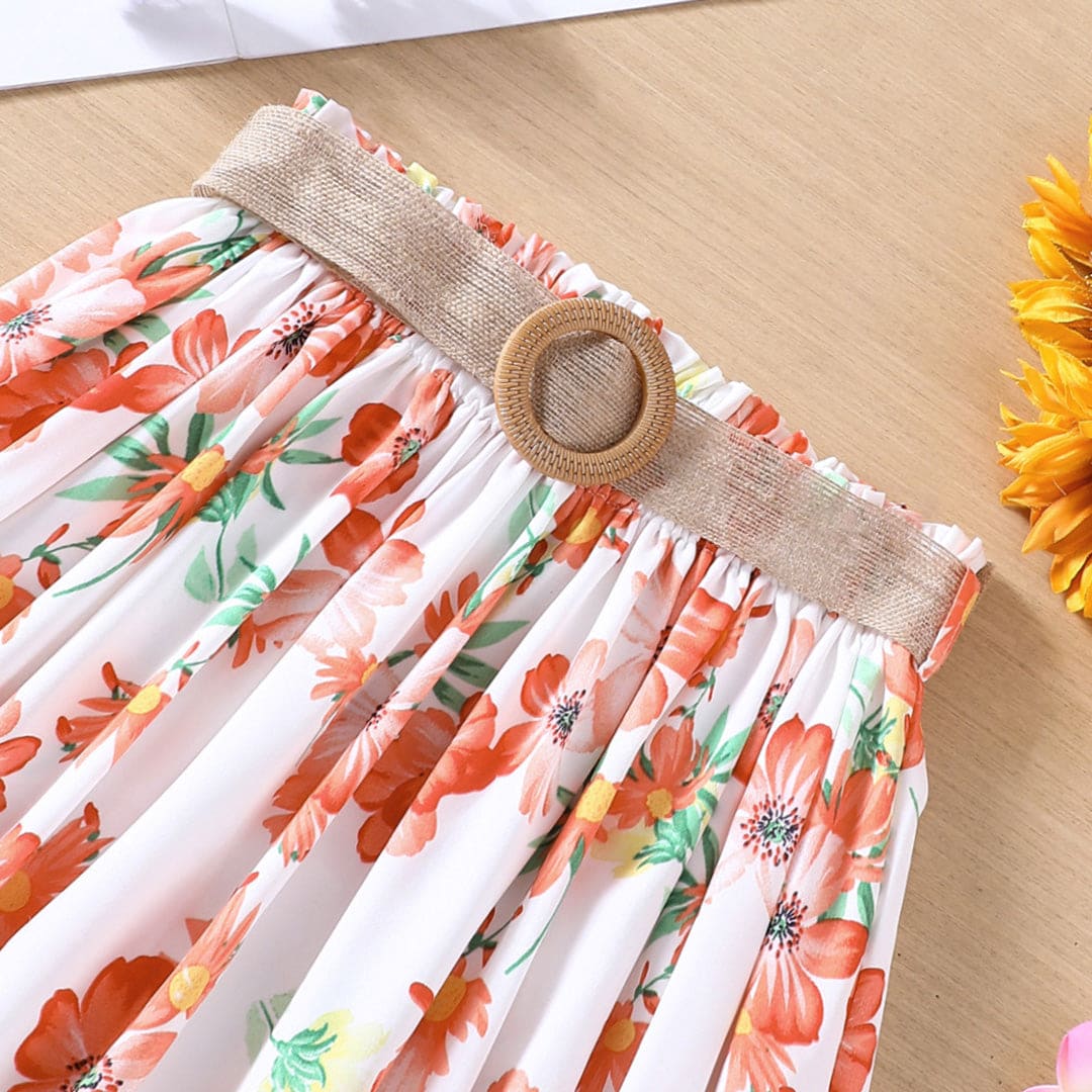 Girls White Floral Print Gathered A-line Skirt Skirts   